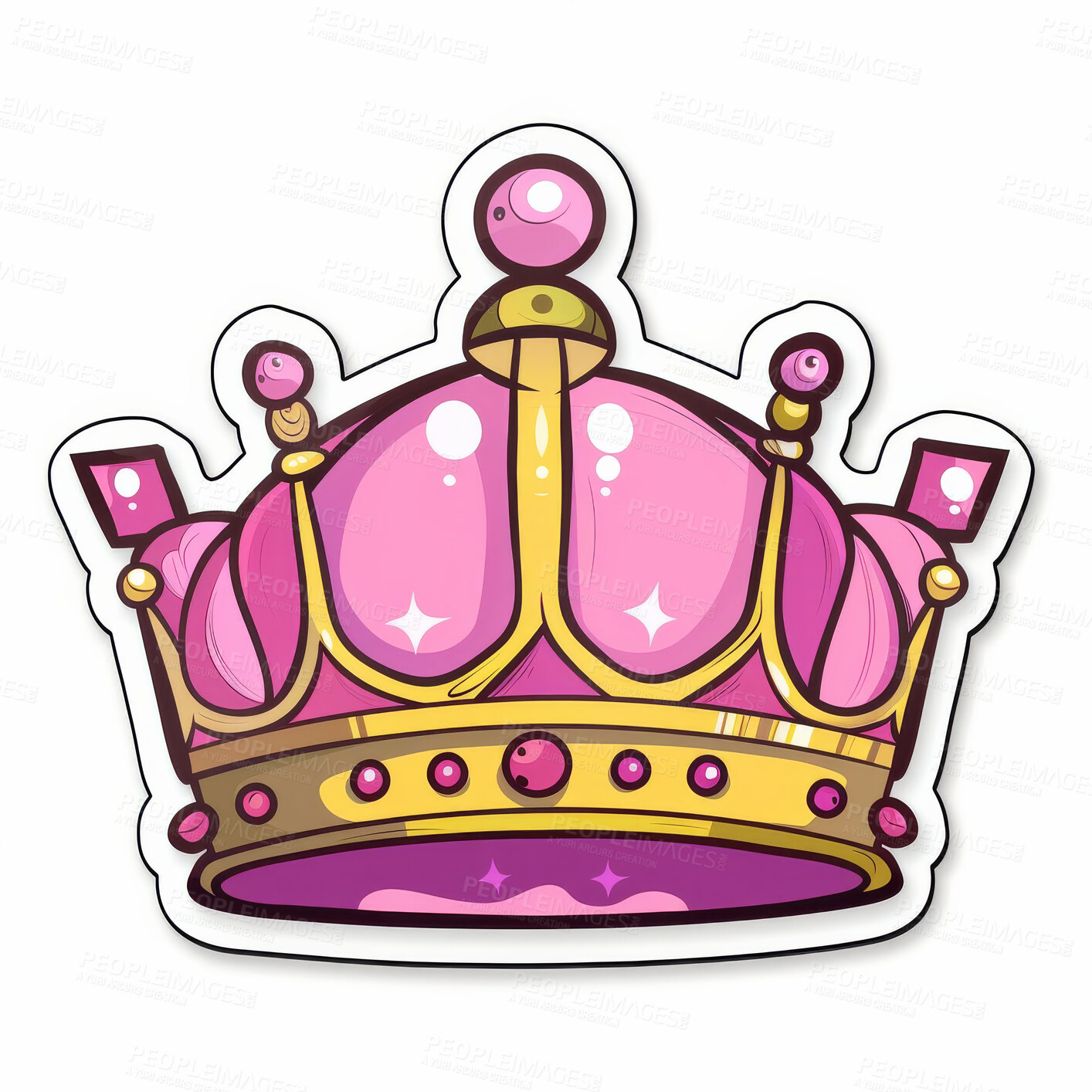 Buy stock photo Crown, art and sticker logo for monarch with medieval jewelry in studio isolated on a white background. Icon, emoji and royal illustration for queen, luxury and design for decoration on a backdrop