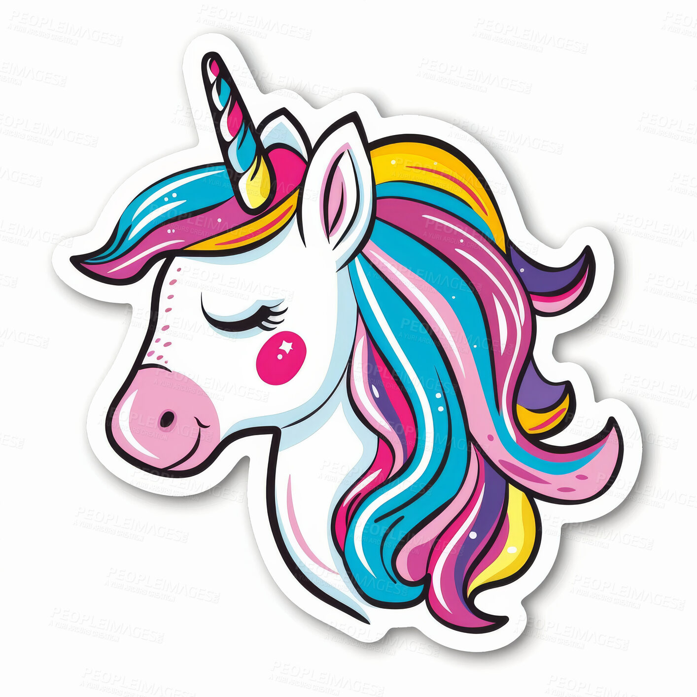 Buy stock photo Unicorn, cartoon and emoji or sticker in white background for fairytale, fantasy and myths. Horse, Isolated and glamour or emoticon for social media, communication and texting with fun for gen z.