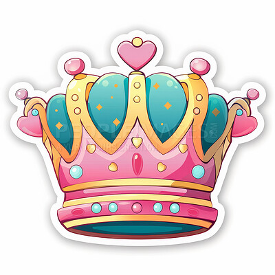Crown, art and icon illustration for Queen with heart for love in studio isolated on a white background. Sticker, emoji and royal tiara for monarchy, luxury or design for decoration on a backdrop