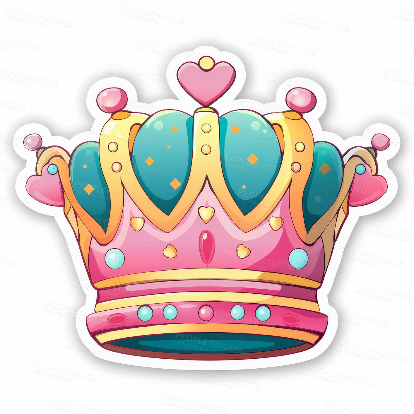 Buy stock photo Crown, art and icon illustration for Queen with heart for love in studio isolated on a white background. Sticker, emoji and royal tiara for monarchy, luxury or design for decoration on a backdrop