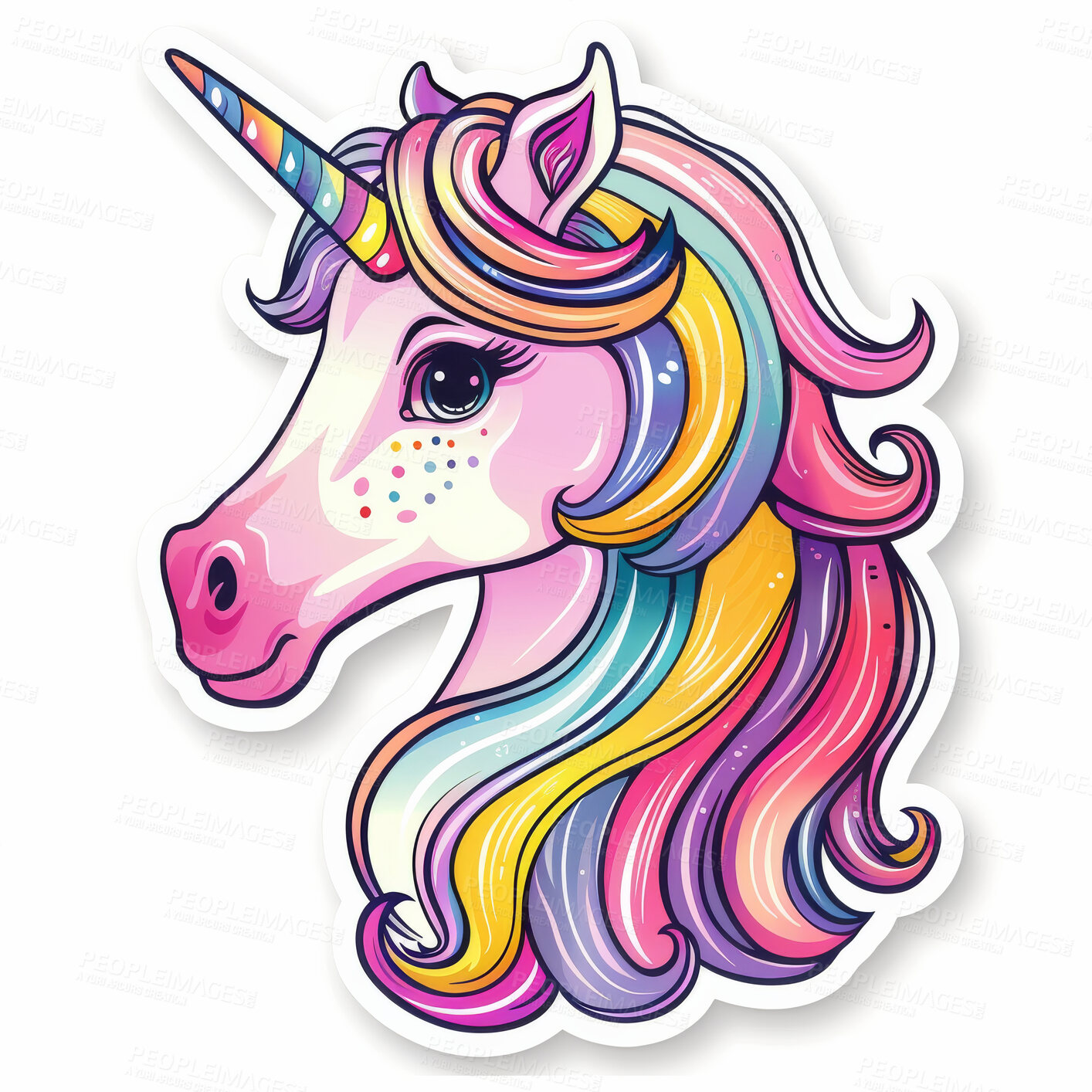 Buy stock photo Unicorn, cartoon and emoji or sticker in white background for fairytale, fantasy and myths. Horse, Isolated and logo or emoticon for social media or magic and character with horn, fun and gen z.