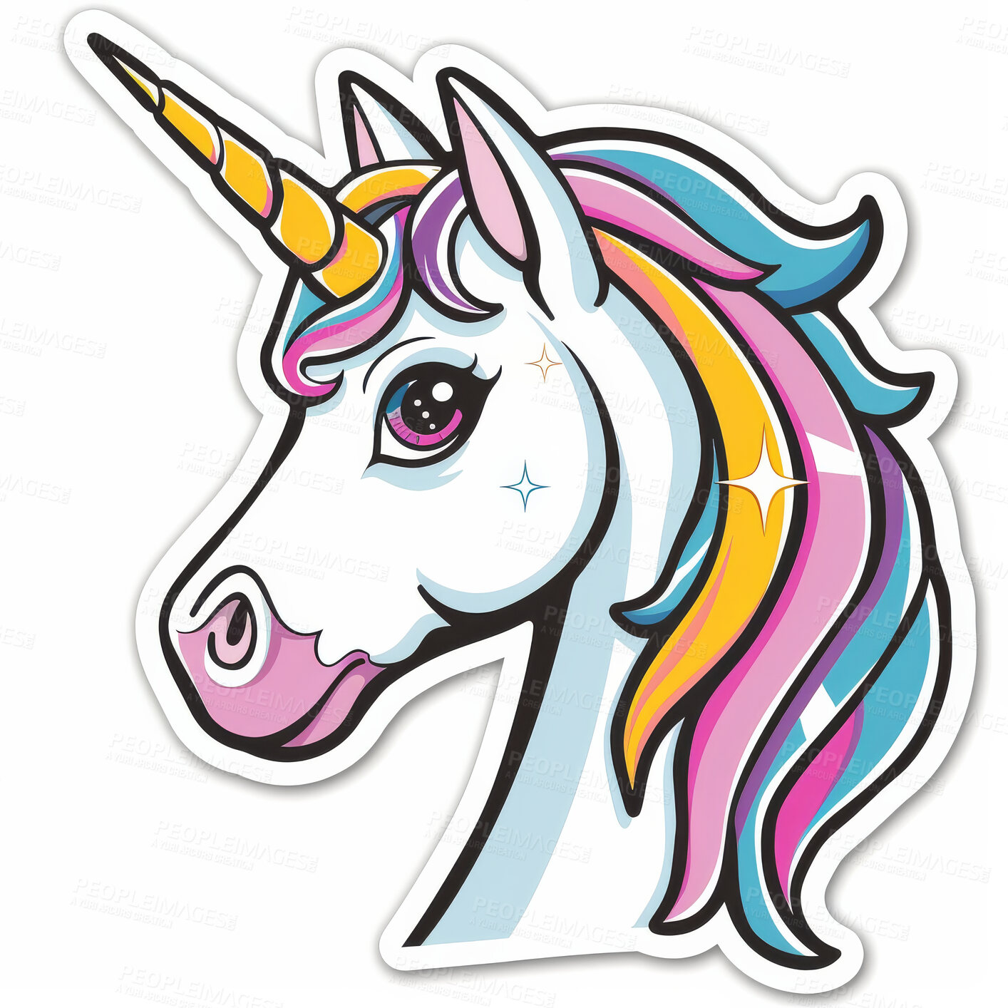 Buy stock photo Unicorn, logo and emoji or sticker in white background for fairytale, fantasy and myths. Horse, Isolated and cartoon or emoticon for social media or magic and character with horn, fun and gen z.