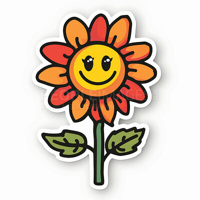 Sticker, abstract and drawing of flower with emoji of smiley face for marketing, advertising and decoration on white background. Creative, vector and illustration with happy expression for doodle art