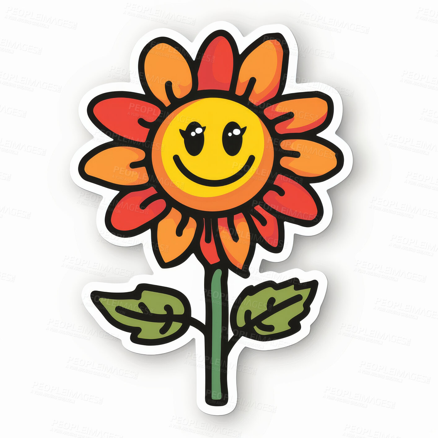 Buy stock photo Sticker, abstract and drawing of flower with emoji of smiley face for marketing, advertising and decoration on white background. Creative, comic and illustration with happy expression for doodle art