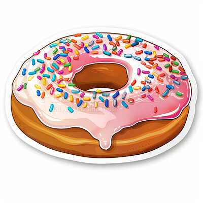 Art, illustration and sticker of cartoon donut with pink, sprinkles and vinyl print of food. Icon, emoji and print of dessert snack with logo for animation, badge and symbol on white background