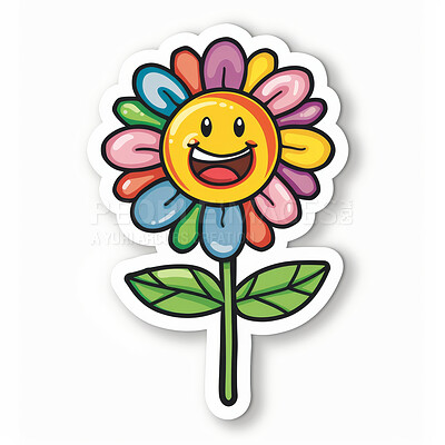 Sticker, color and drawing of flower with excited emoji face for marketing, advertising and decoration on white background. Creative, vector and illustration with happy expression for doodle art