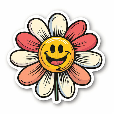 Sticker, cartoon and drawing of flower with emoji of smiley face for marketing, advertising and decoration on white background. Creative, vector and illustration with happy expression for doodle art