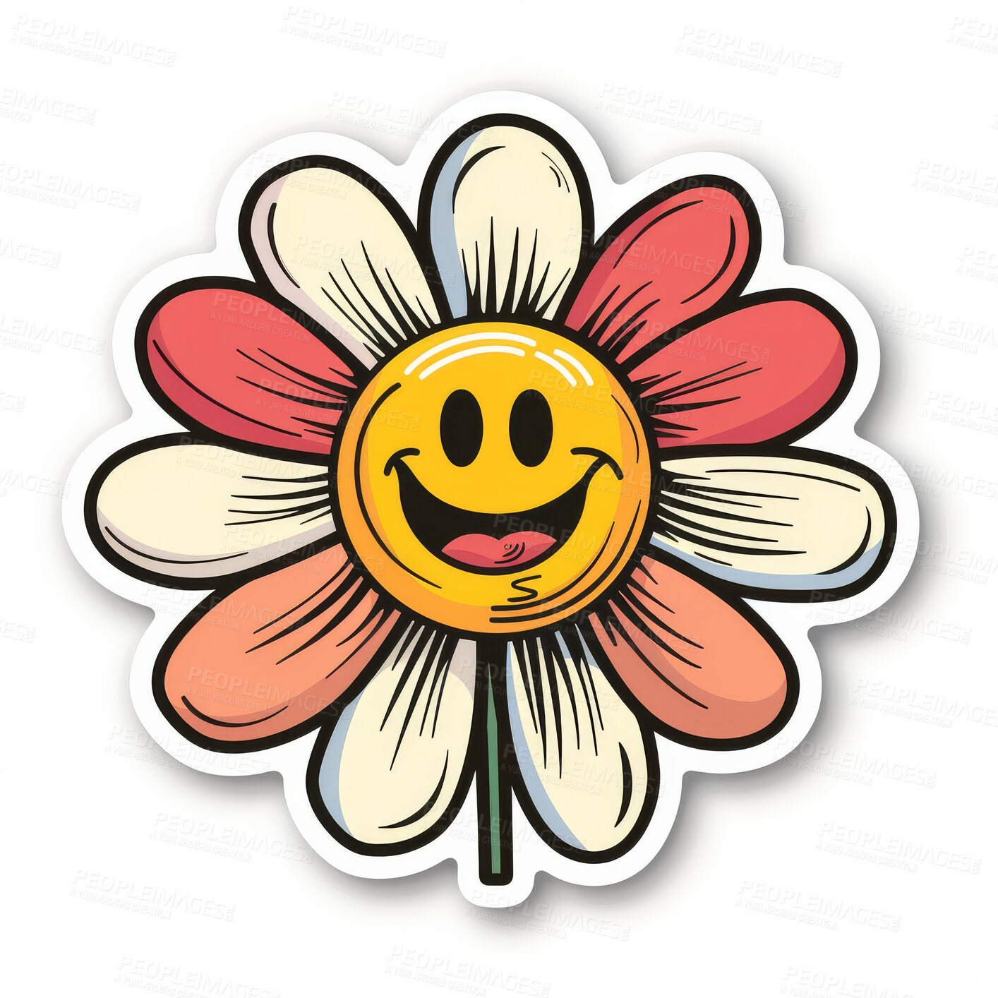 Buy stock photo Sticker, cartoon and drawing of flower with emoji of smiley face for marketing, advertising and decoration on white background. Creative, plant and illustration with happy expression for doodle art