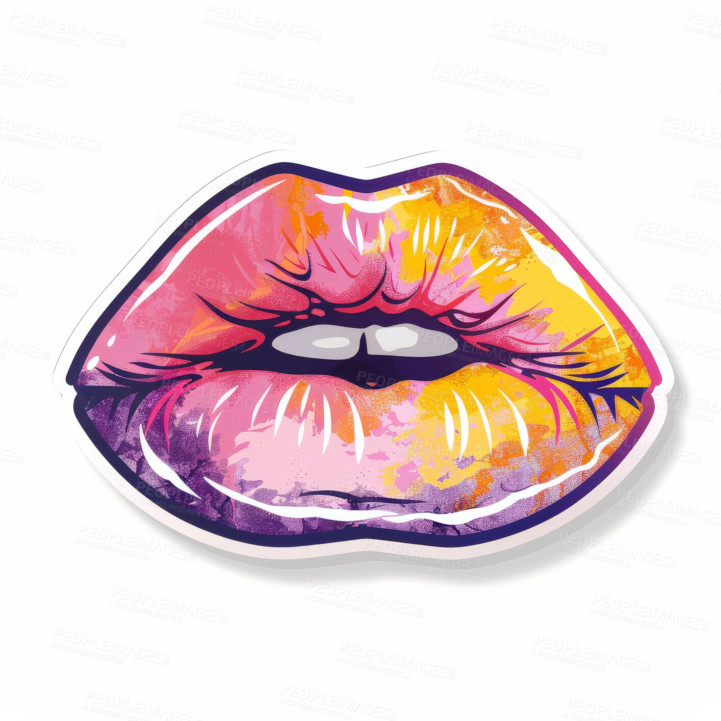 Buy stock photo Sticker, vinyl and mouth with colorful lips for art or 3D graphic on a white studio background. Print, decal or custom label of design or kiss for cosmetics, makeup or cartoon style on mockup space