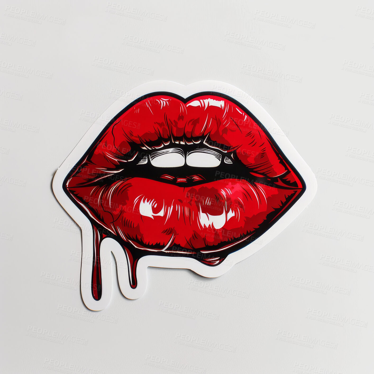 Buy stock photo Red, lips and emoji or sticker in white background with lipstick for kiss, love and mouth. Isolated, glamour and emoticon for social media, cosmetics and art for emotions with cartoon illustration