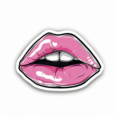 Sticker, vinyl and mouth with pink lipstick for graffiti, art or 3D graphic on a white studio background. Print, decal or custom label of design for cosmetics, makeup or cartoon style on mockup space
