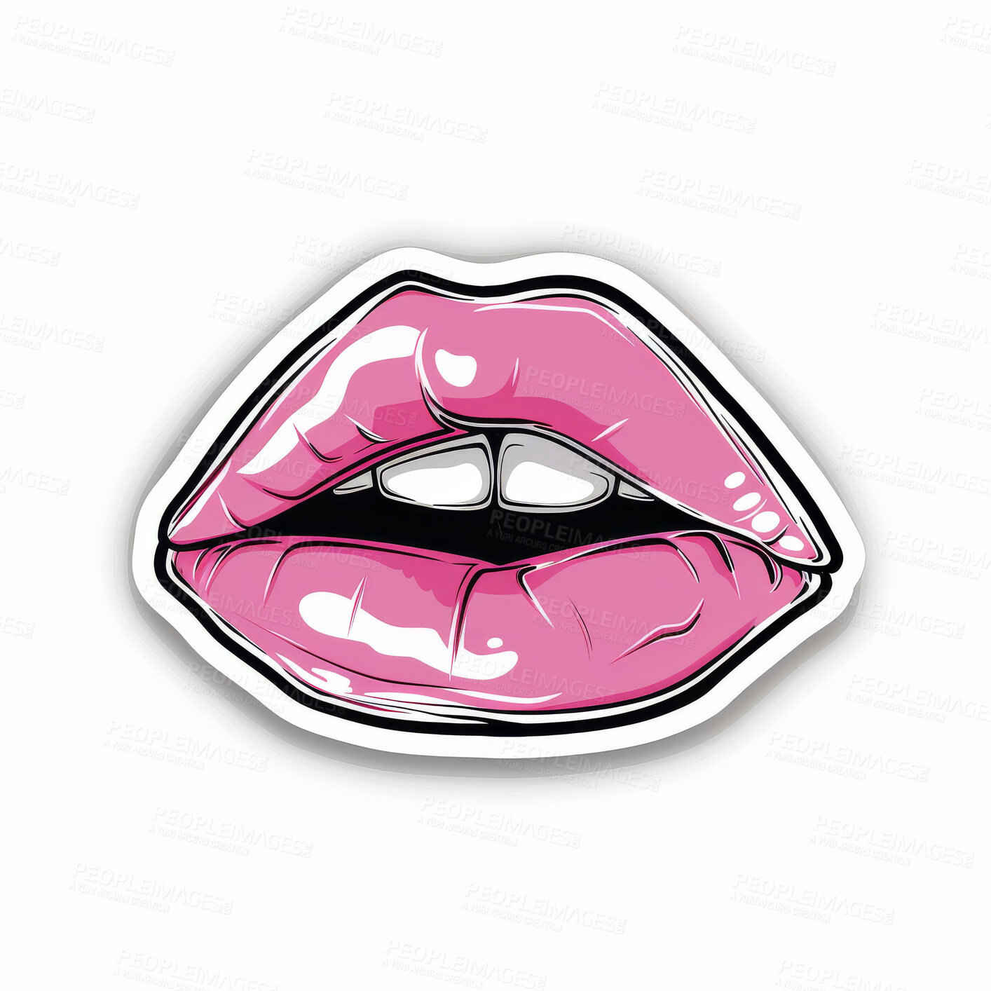 Buy stock photo Sticker, vinyl and mouth with pink lipstick for graffiti, art or 3D graphic on a white studio background. Print, decal or custom label of design for cosmetics, makeup or cartoon style on mockup space