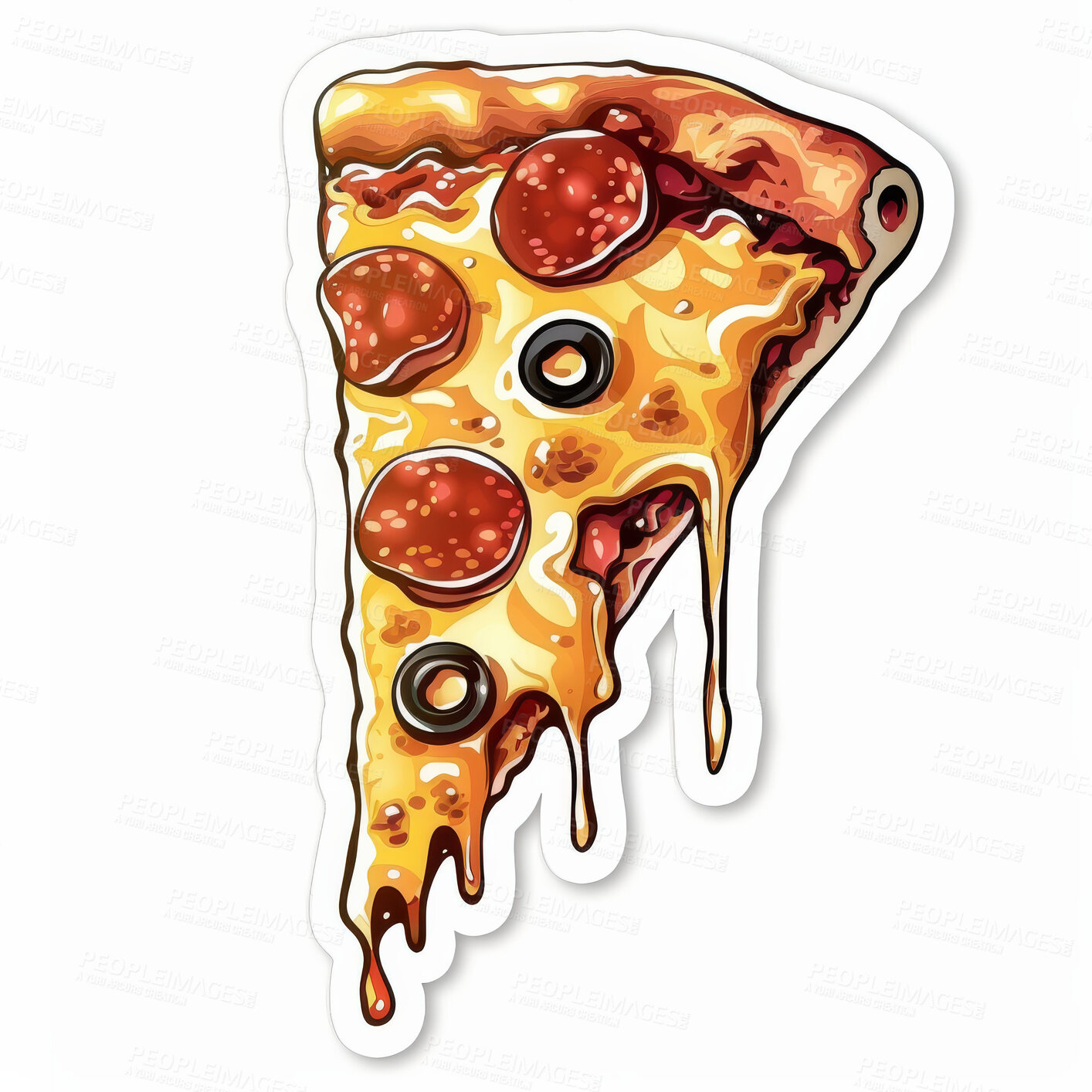 Buy stock photo Sticker, icon and illustration with slice of pizza for abstract pepperoni, olives and cheese for comic. Emoji, art and cartoon of fast food for logo, animation or creative emblem by white background.