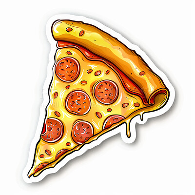 Sticker, graphic and illustration with slice of pizza for abstract comic pepperoni and cheese. Emoji, icon and cartoon of fast food for logo, animation or creative emblem isolated by white background