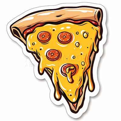 Sticker, creative and illustration with slice of pizza for abstract pepperoni and cheese for comic. Emoji, icon and cartoon of fast food for logo, animation or art emblem isolated by white background