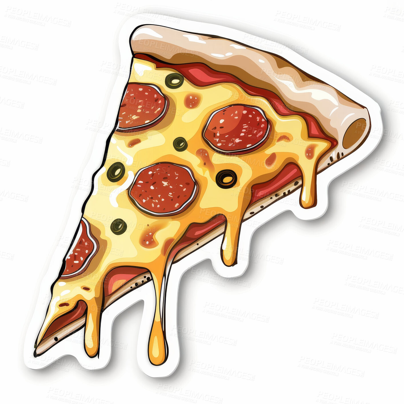 Buy stock photo Sticker, art and illustration with slice of pizza for abstract pepperoni, olives and cheese in studio. Emoji, icon and cartoon of fast food for logo, animation or creative emblem by white background.