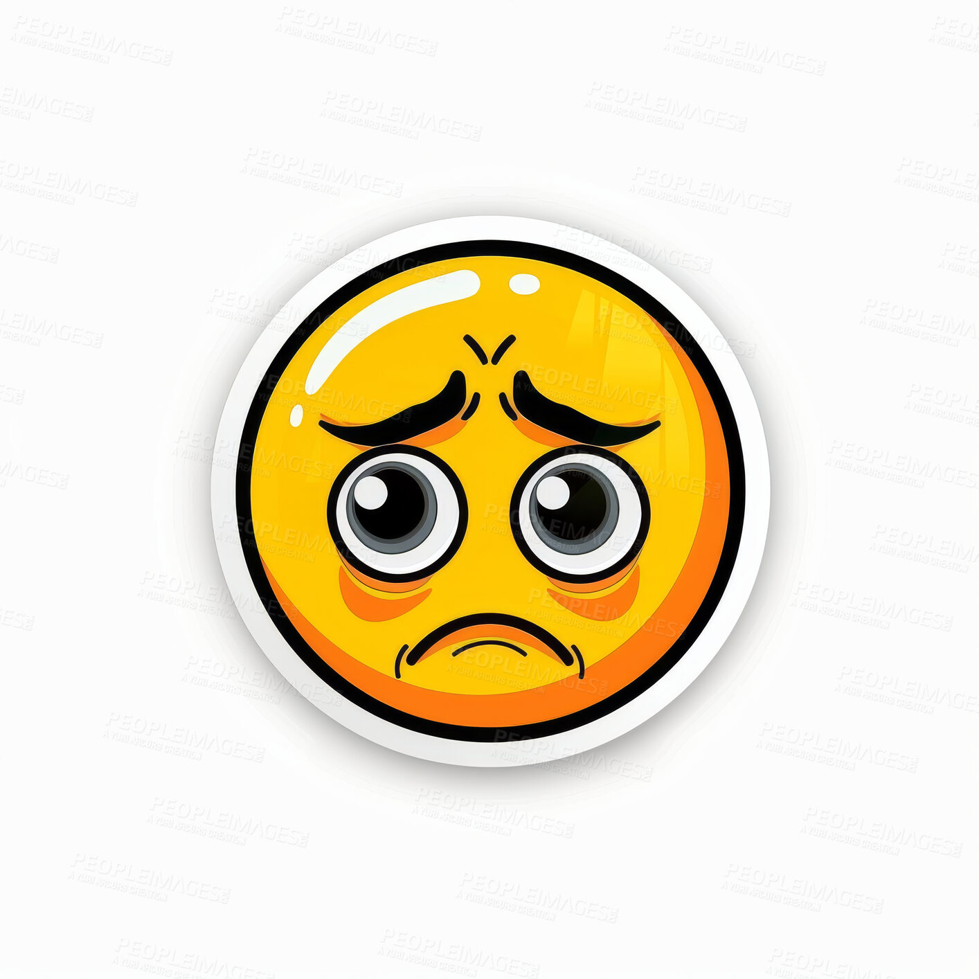 Buy stock photo Emoji, sticker and face, icon or sad cartoon or stamp of character print on white background. Doodle, drawing and art of pins or patch, creative or illustration for badge and emoticon or pictogram