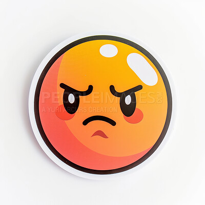 Angry emoji, vinyl and sticker print of face, cartoon and stamp of character on white background. Doodle, drawing and art of icons or patches, creative and online illustration for badge and emoticon