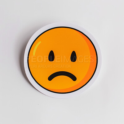 Emoji, vinyl and sticker print of upset face, cartoon and stamp of sad character pictogram. Doodle, drawing and art of icons or pins or patches, creative and illustration for badge and emoticon