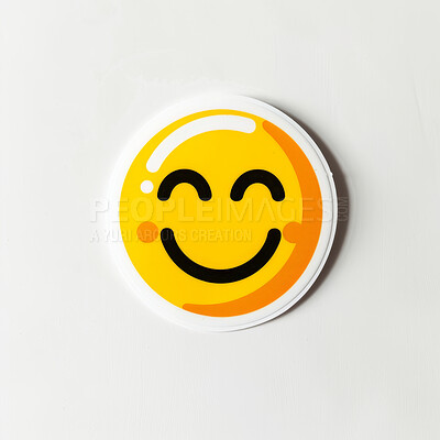 Symbol, logo and sticker with emoji, smile and happiness on a white studio background. Mockup space, comic and joke with positive review and feedback with meme and cute with creativity, icon and grin