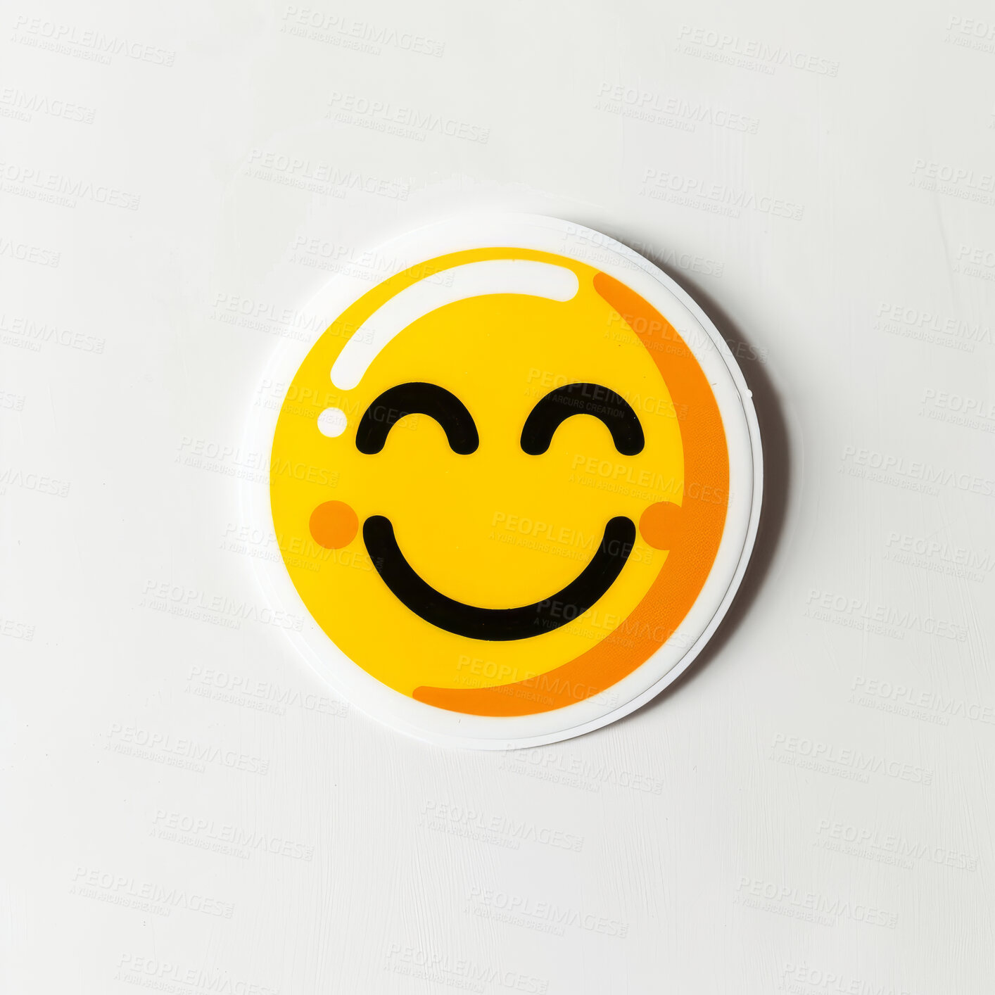 Buy stock photo Symbol, logo and sticker with emoji, smile and happiness on a white studio background. Mockup space, comic and joke with positive review and feedback with meme and cute with creativity, icon and grin