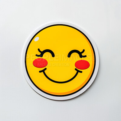 Icon, shy and sticker with emoji, smile and symbol on a white studio background. Mockup space, embarrassed or joke with positive review or feedback with happiness or cute with emotion or cartoon face
