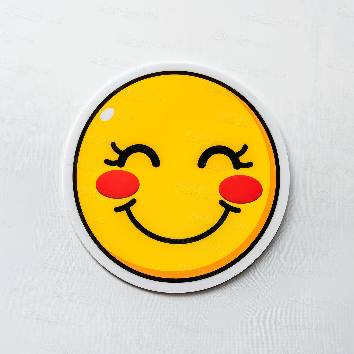 Buy stock photo Icon, shy and sticker with emoji, smile and symbol on a white studio background. Mockup space, embarrassed or joke with positive review or feedback with happiness or cute with emotion or cartoon face