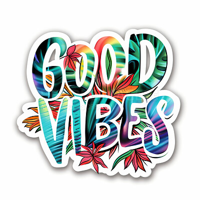 Sticker, emoji and text of word good vibes for motivation, gratitude or affirmation against isolated white background. Creative, logo and vinyl illustration for happiness, social media badge or stamp