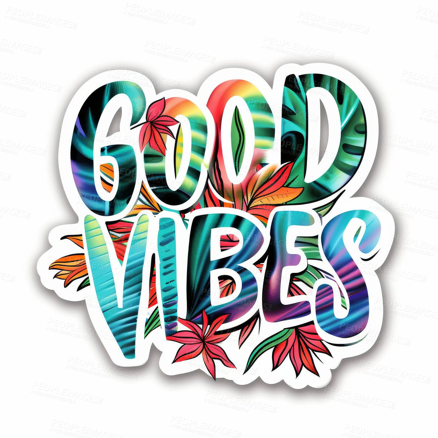 Buy stock photo Sticker, emoji and text of word good vibes for motivation, gratitude or affirmation against isolated white background. Creative, logo and vinyl illustration for happiness, social media badge or stamp