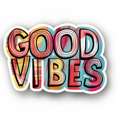 Sticker, icon and text of word good vibes for motivation, gratitude and affirmation against isolated white background. Creative, logo and vinyl illustration for happiness, social media badge or stamp