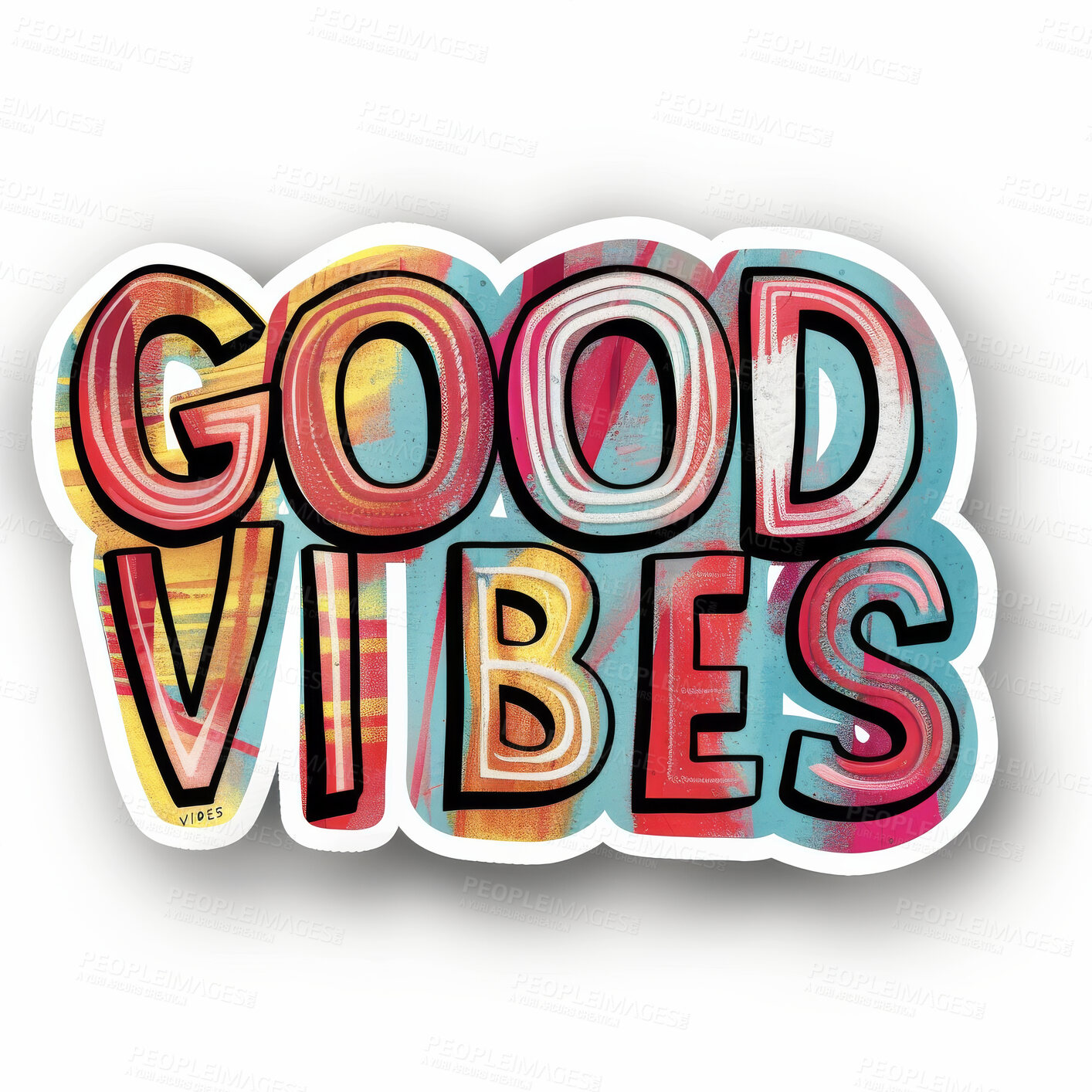 Buy stock photo Sticker, icon and text of word good vibes for motivation, gratitude and affirmation against isolated white background. Creative, logo and vinyl illustration for happiness, social media badge or stamp