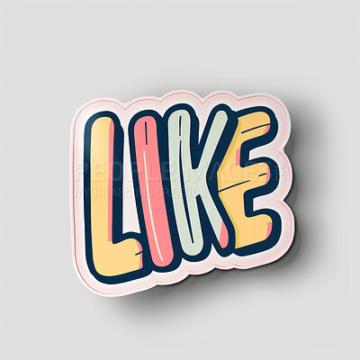 Like, word and online sticker with text feedback of opinion, review and creative vinyl print mockup. Agreement, emoji and icon for positive vote on social media, poll or graphic logo of reaction