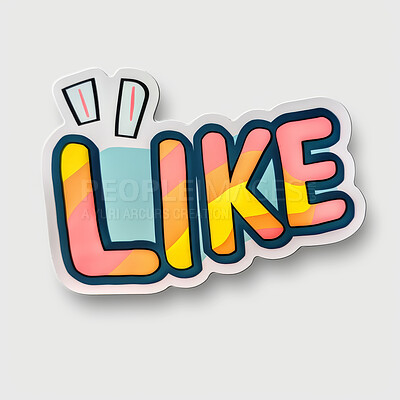 Like, text and word online with sticker for feedback of opinion, review and creative vinyl print mockup. Agreement, emoji and icon for positive poll vote on social media, post or sign with reaction
