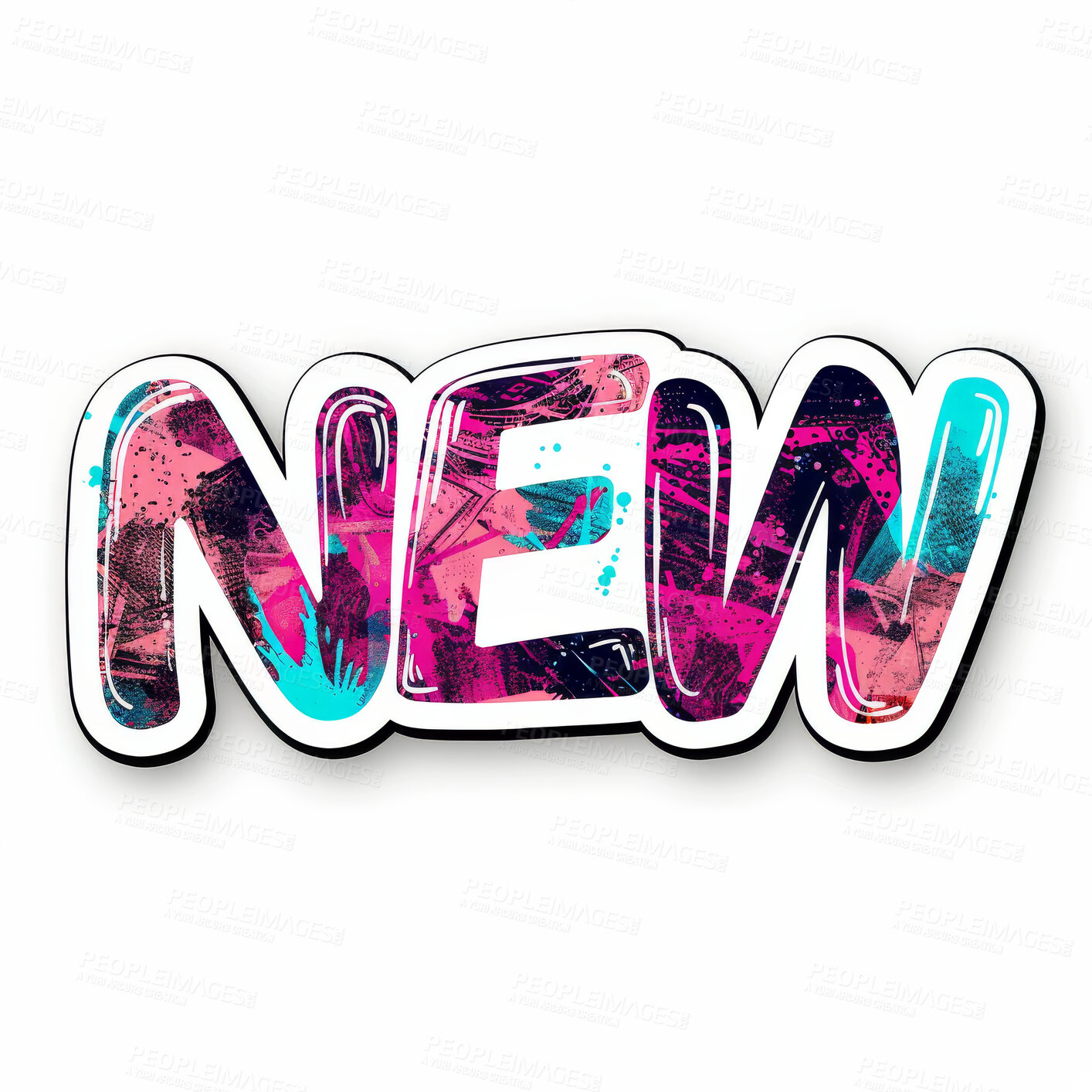Buy stock photo Creative, sticker and text of word new isolated on white background for announcement or notification. Comic, icon and vinyl illustration for graphic art or social media badge, stamp and symbol