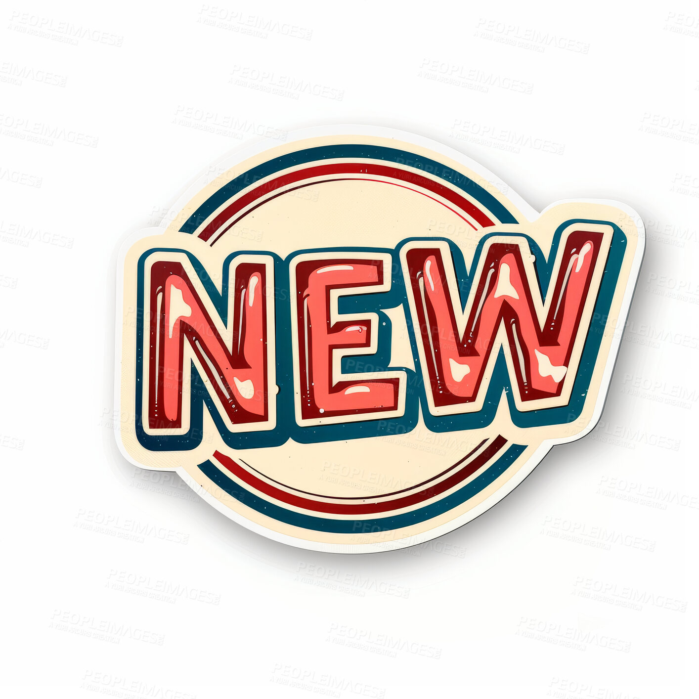 Buy stock photo Vinyl, sticker and text of word new isolated on white background for announcement or notification. Creative, logo and icon illustration for app, graphic art or social media badge, stamp and symbol
