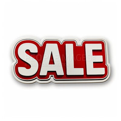 Sale, sticker and font for advertising offer, deal or discount on a white background isolated on mockup space in studio. Marketing, text and sign for shopping, promotion or typography on retail label