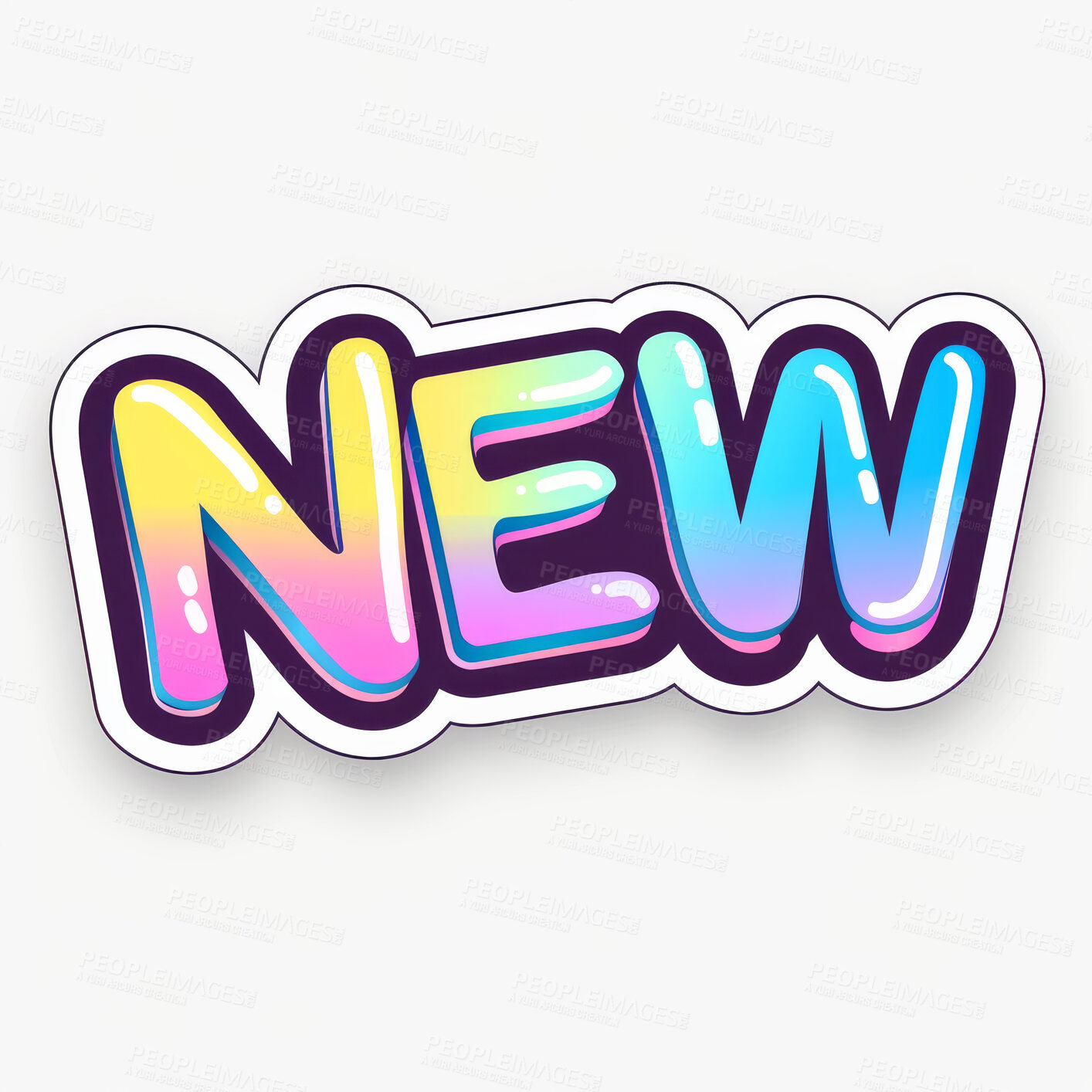 Buy stock photo Sticker, neon and graphic design of logo with color of art for icon, retro text and decoration on white background. Creative, idea and doodle of words in bold print, 3d font and quote for label