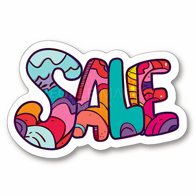 Sale, sticker and font for offer, advertising or discount isolated on a white background mockup space in studio. Marketing, text and sign for shopping, promotion deal and typography on retail label