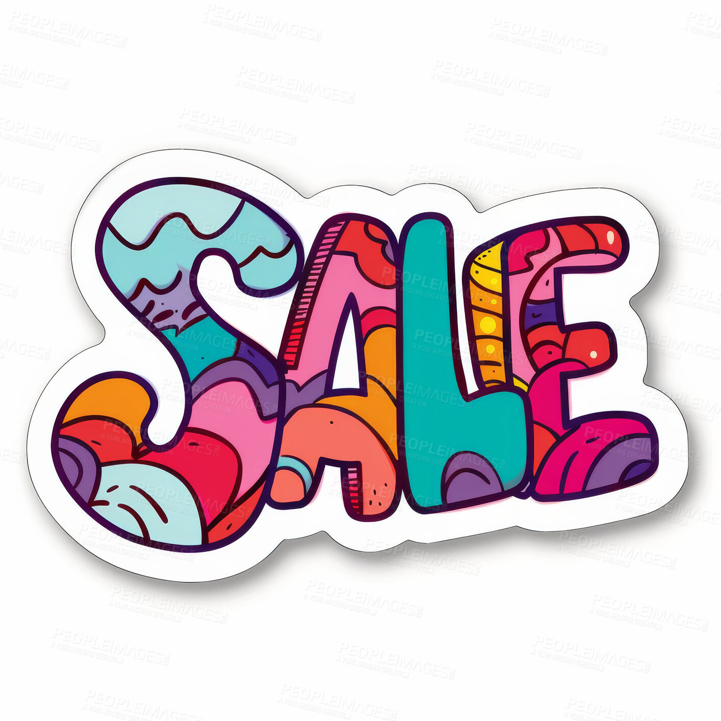 Buy stock photo Sale, sticker and font for offer, advertising or discount isolated on a white background mockup space in studio. Marketing, text and sign for shopping, promotion deal and typography on retail label