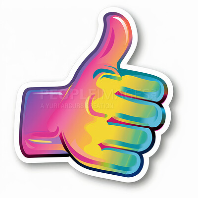 Emoji, illustration and thumbs up with neon hand isolated on white background for like or yes. Social media, thank you and vote with cartoon gesture of winner for communication, goal or reaction