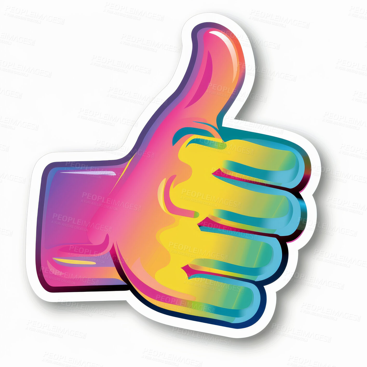 Buy stock photo Emoji, illustration and thumbs up with neon hand isolated on white background for like or yes. Social media, thank you and vote with cartoon gesture of winner for communication, goal or reaction