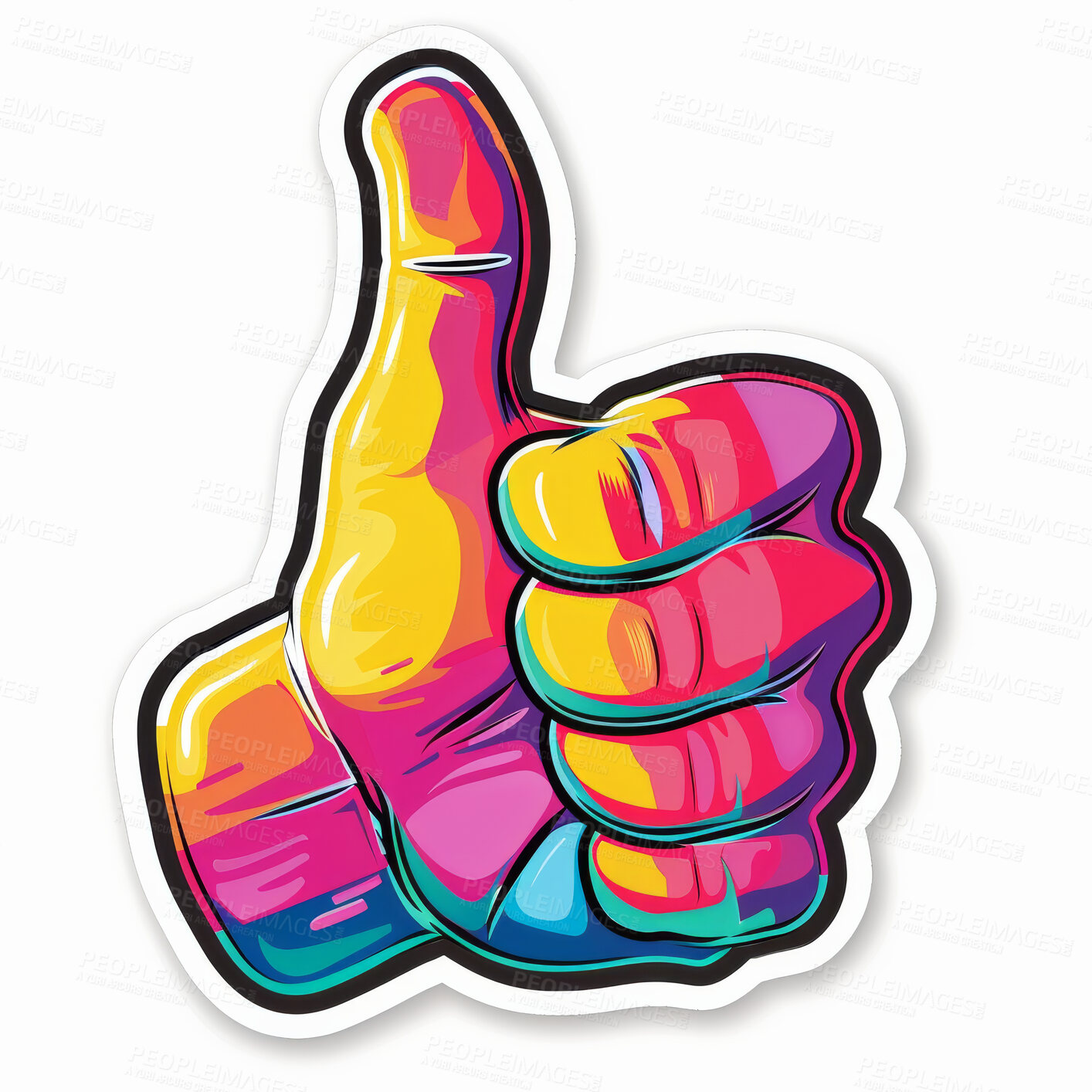 Buy stock photo Cartoon, emoji and thumbs up with neon hand isolated on white background for like or yes. Social media, thank you and vote with illustration of cartoon winner for communication, goal or reaction