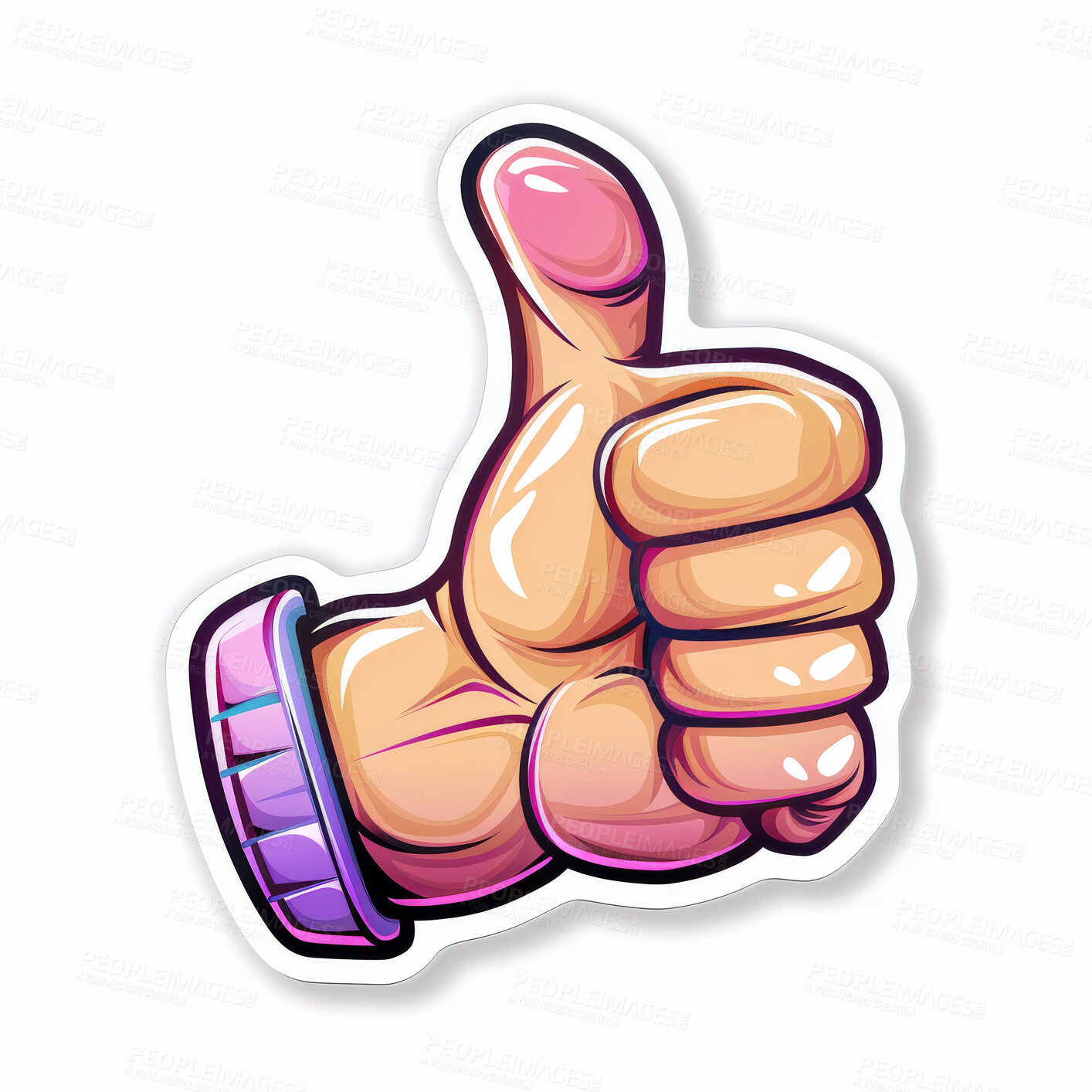 Buy stock photo Emoji, illustration and thumbs up with creative hand isolated on white background for like or yes. Social media, thank you and vote with cartoon winner gesture for communication, goal or reaction