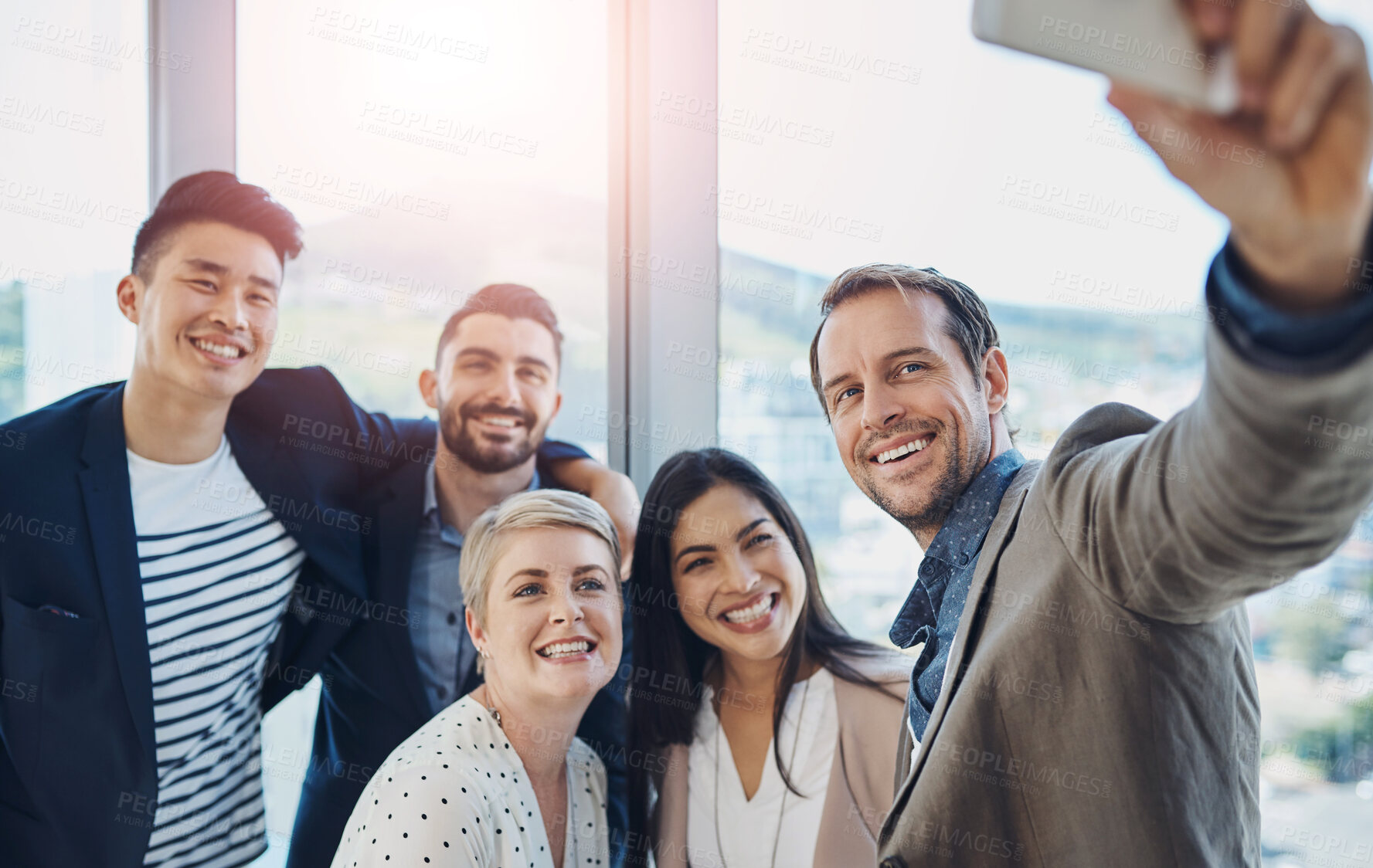 Buy stock photo Company, business people and smile with selfie in office for team building, partnership and pride. Happy, employees and HR with digital photography for recruitment, hiring and memory of onboarding