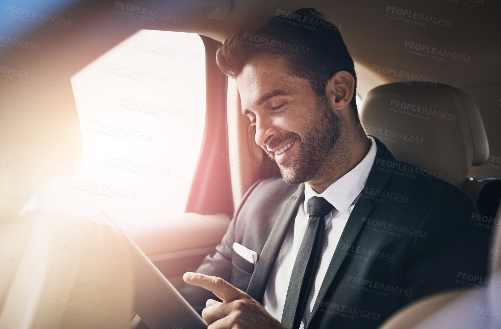 Buy stock photo Business man, car and tablet for transportation service review in trip, travel and taxi or cab. Corporate worker reading online news on digital technology and enjoy drive to work, airport or meeting