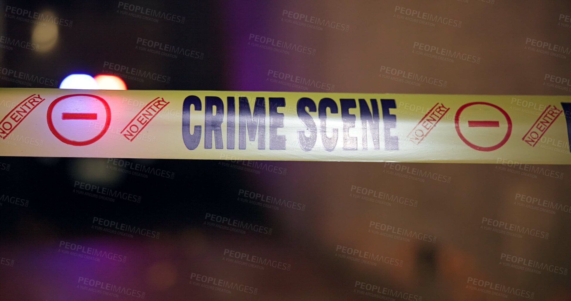 Buy stock photo Police, quarantine and yellow tape for crime scene, investigation or barricade in night for warning, danger or sign. Forensic inspection, street or road with security for robbery, murder and no entry