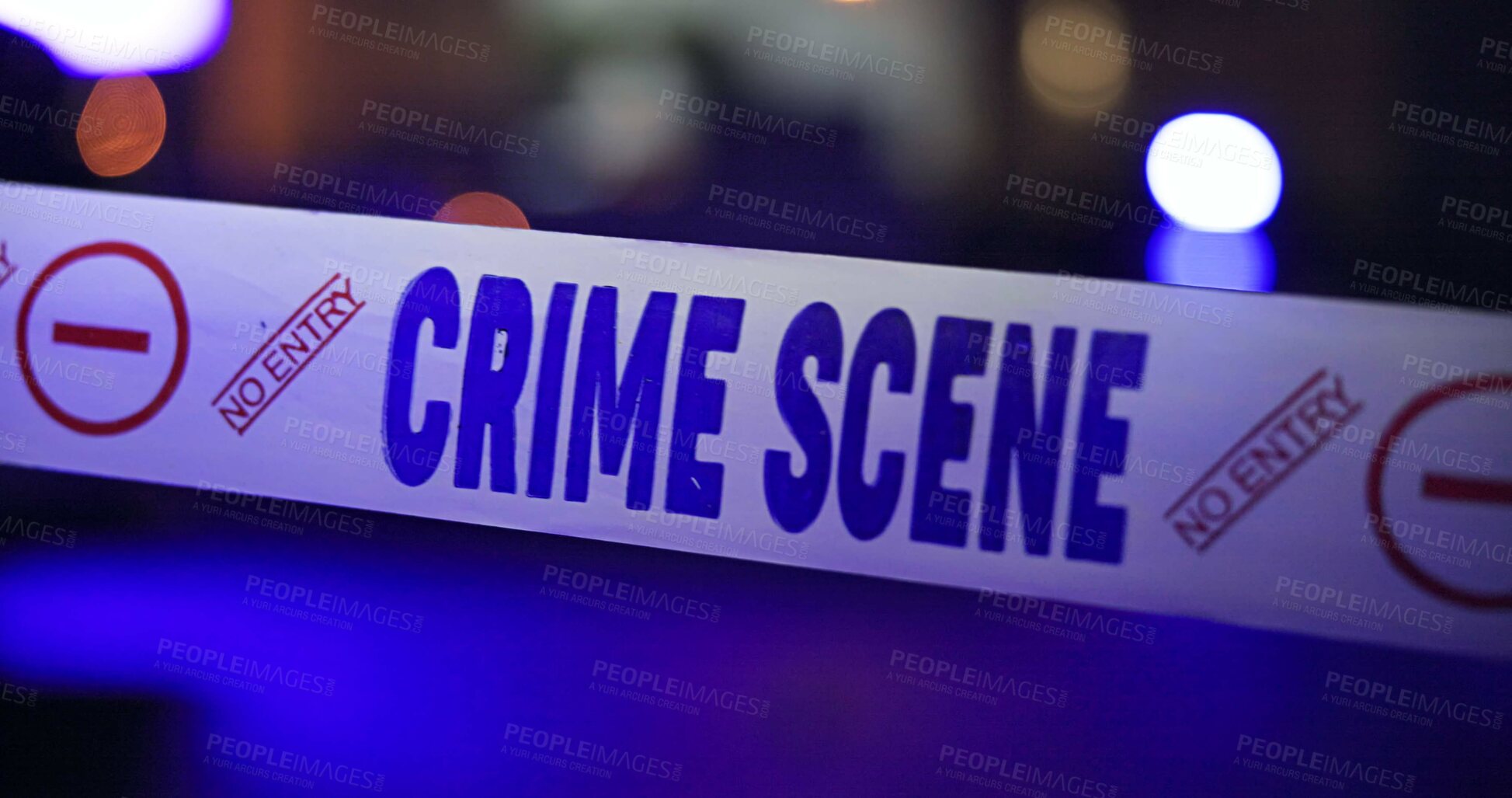 Buy stock photo Police, sirens and yellow tape for crime scene, investigation and barricade in night for warning, danger or sign. Forensic inspection, street or road with security for robbery, murder and no entry