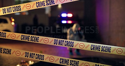 Police tape, crime scene or csi photographer with evidence of murder victim at night with first responder. Forensic quarantine, expert in hazmat and cops for observation, examination or case research