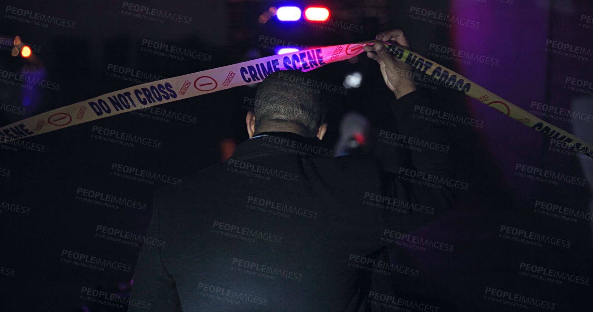 Buy stock photo Police officer, man and yellow tape for crime scene, investigation or back in night, warning and danger sign. Forensic inspection, person or detective with security for robbery, murder and no entry