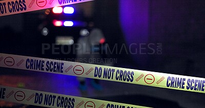 Police tape, crime scene or csi photographer with evidence of murder victim at night with first responder. Forensic quarantine, expert in hazmat and cops for observation, examination or case research